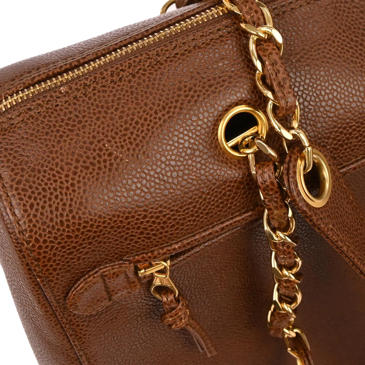 Chanel 1997-1999 Brown Caviar Skin Chain Tote Shoulder Bag - Image 3