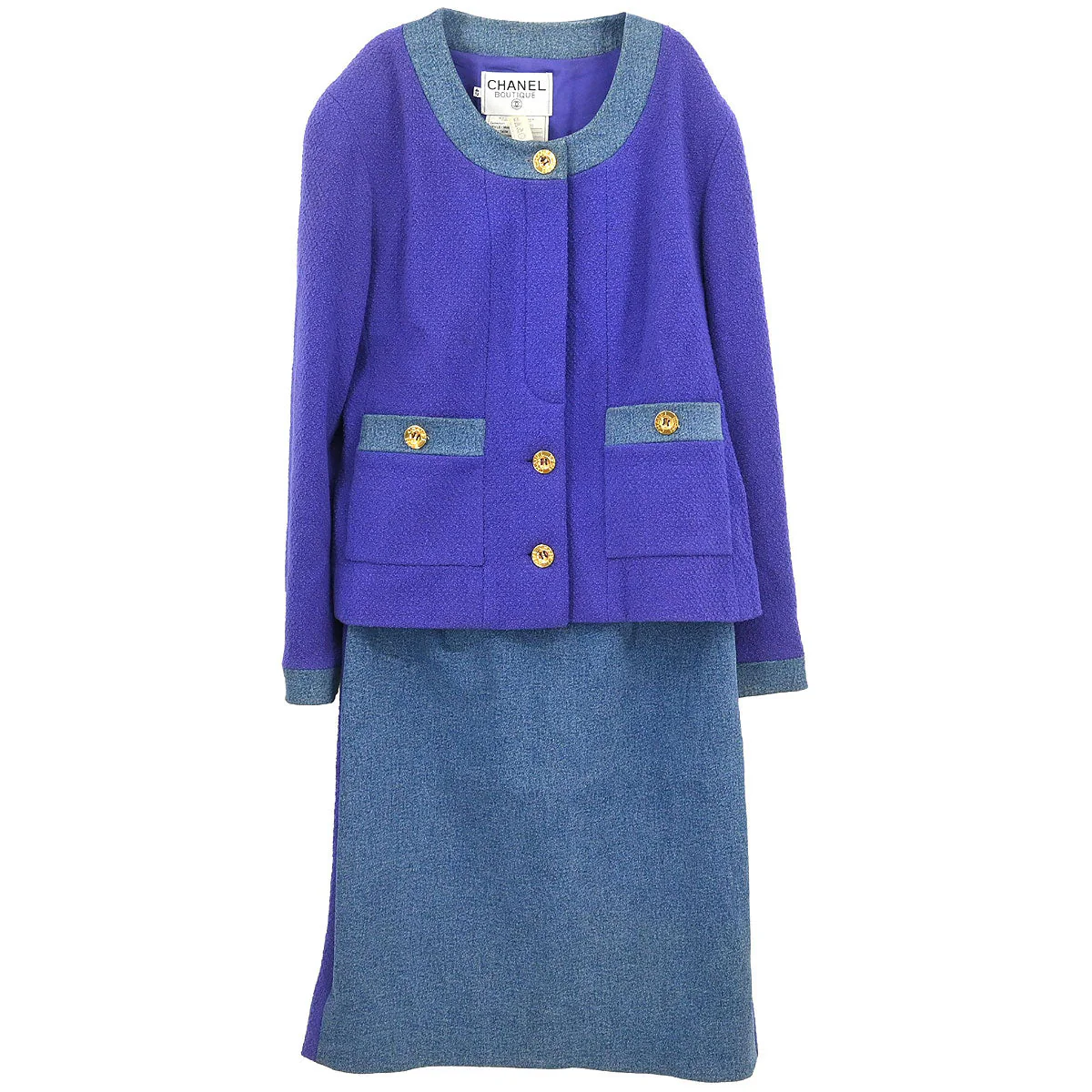 Chanel 1991 Setup Suit Denim Jacket Skirt Purple Blue #42