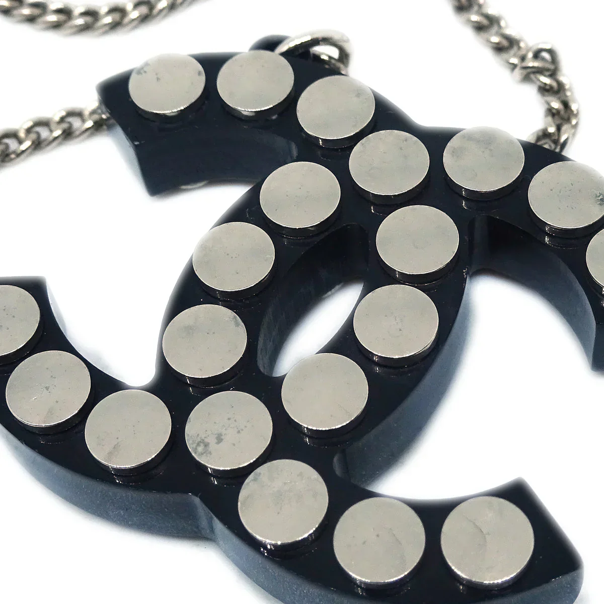 Chanel CC Chain Pendant Necklace Acrylic Silver Black 05P - Image 3