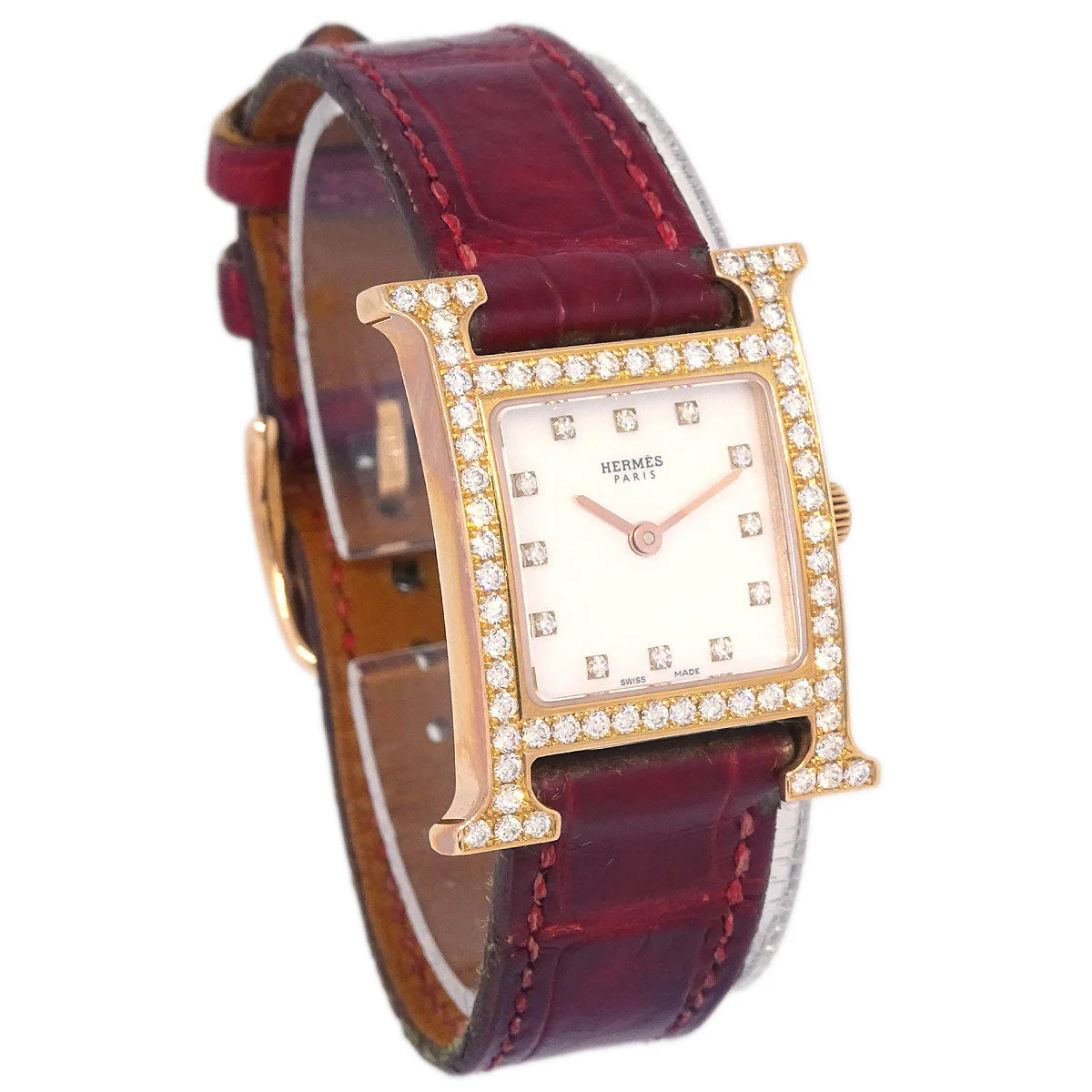 Hermes * H Watch HH1.271 Quartz Gold Bordeaux Crocodile Diamond - Image 2