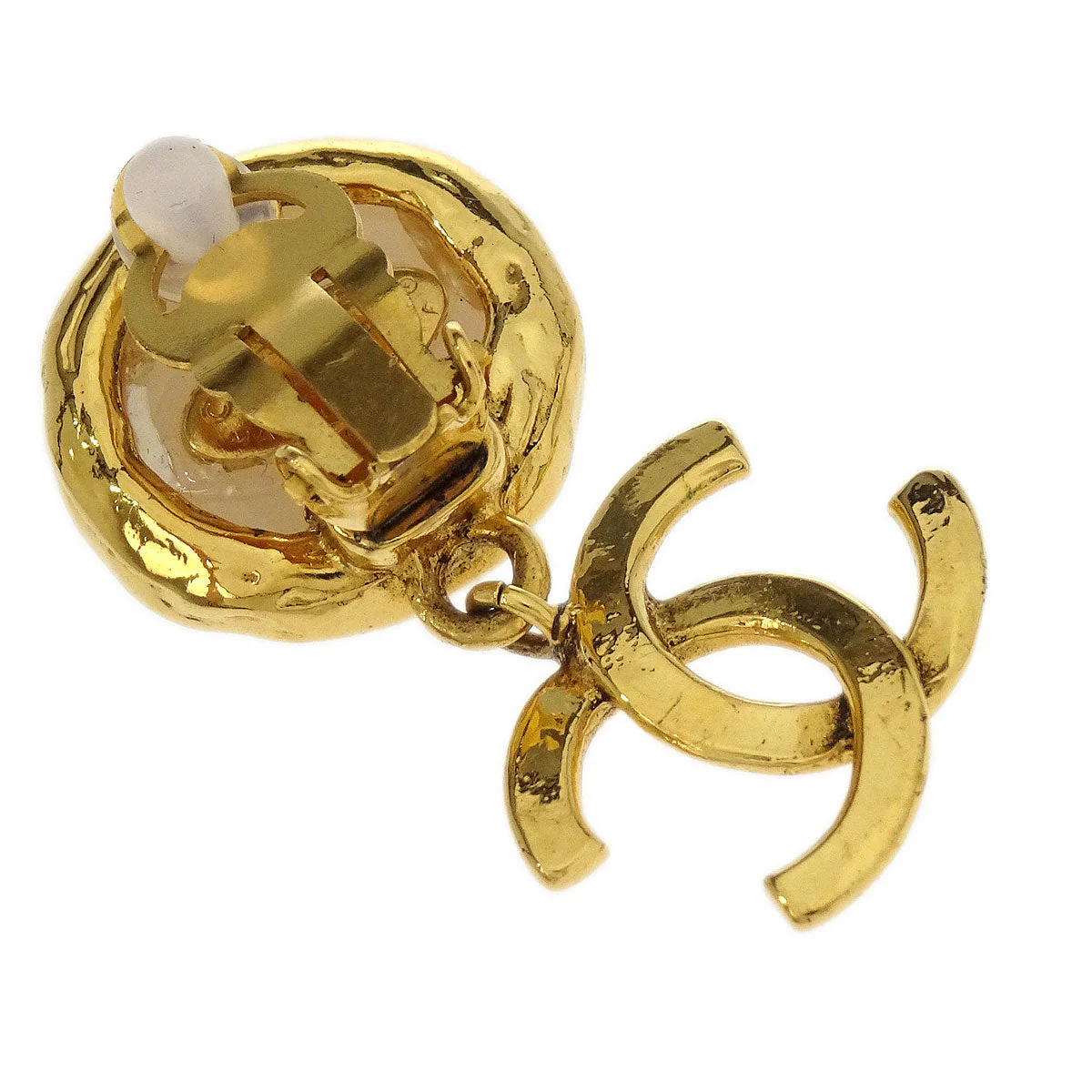 Chanel CC Costume Pearl Dangle Earrings Clip-On Gold 94P - Image 3