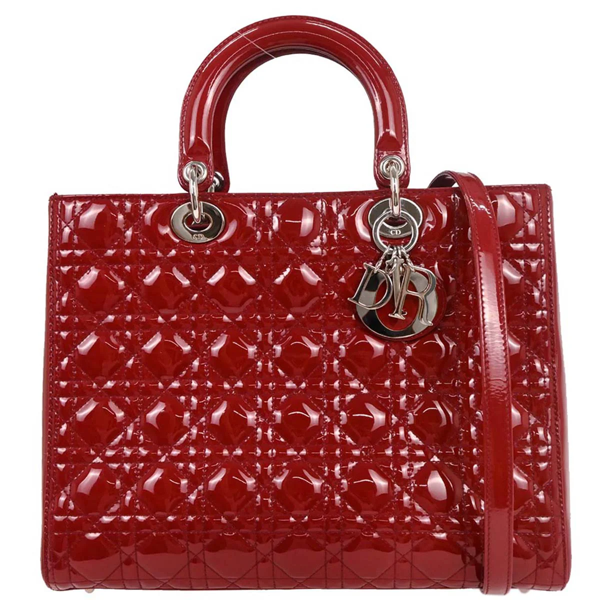 Christian Dior Red Patent Leather Large Lady Dior 2way Shoulder Handbag
