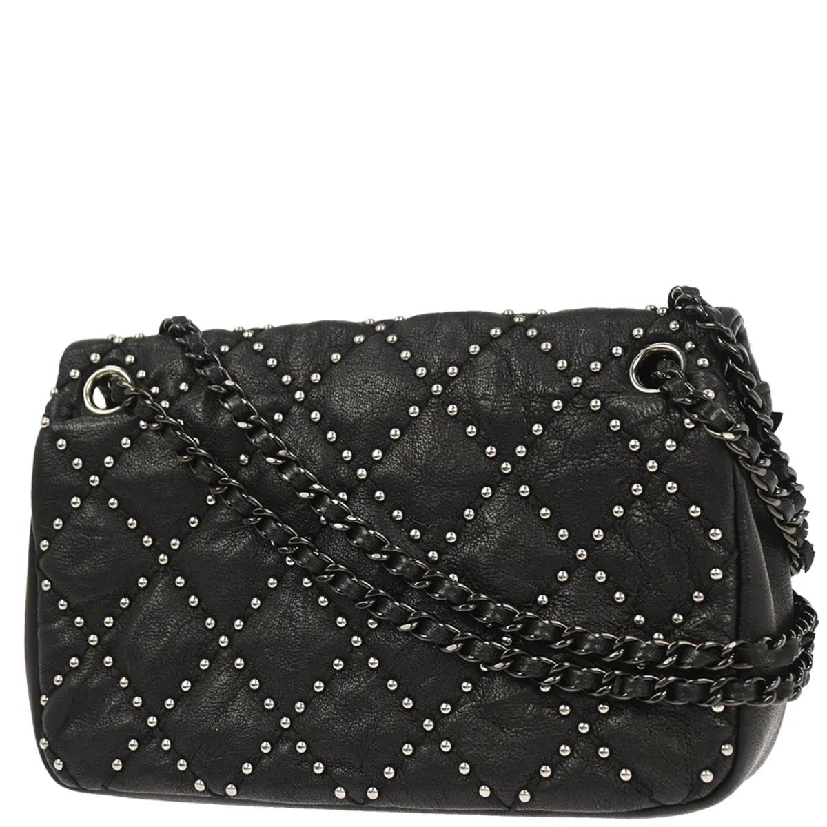Chanel Black Calfskin Studded Single Flap Shoulder Bag - Image 2