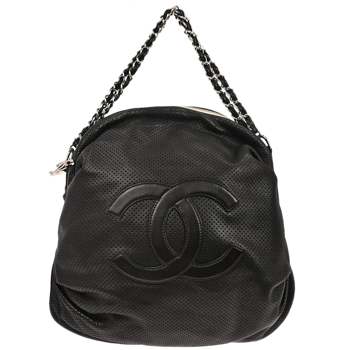 Chanel 2003-2004 Black Perforated Lambskin Baseball Spirit Ligne Hobo Handbag