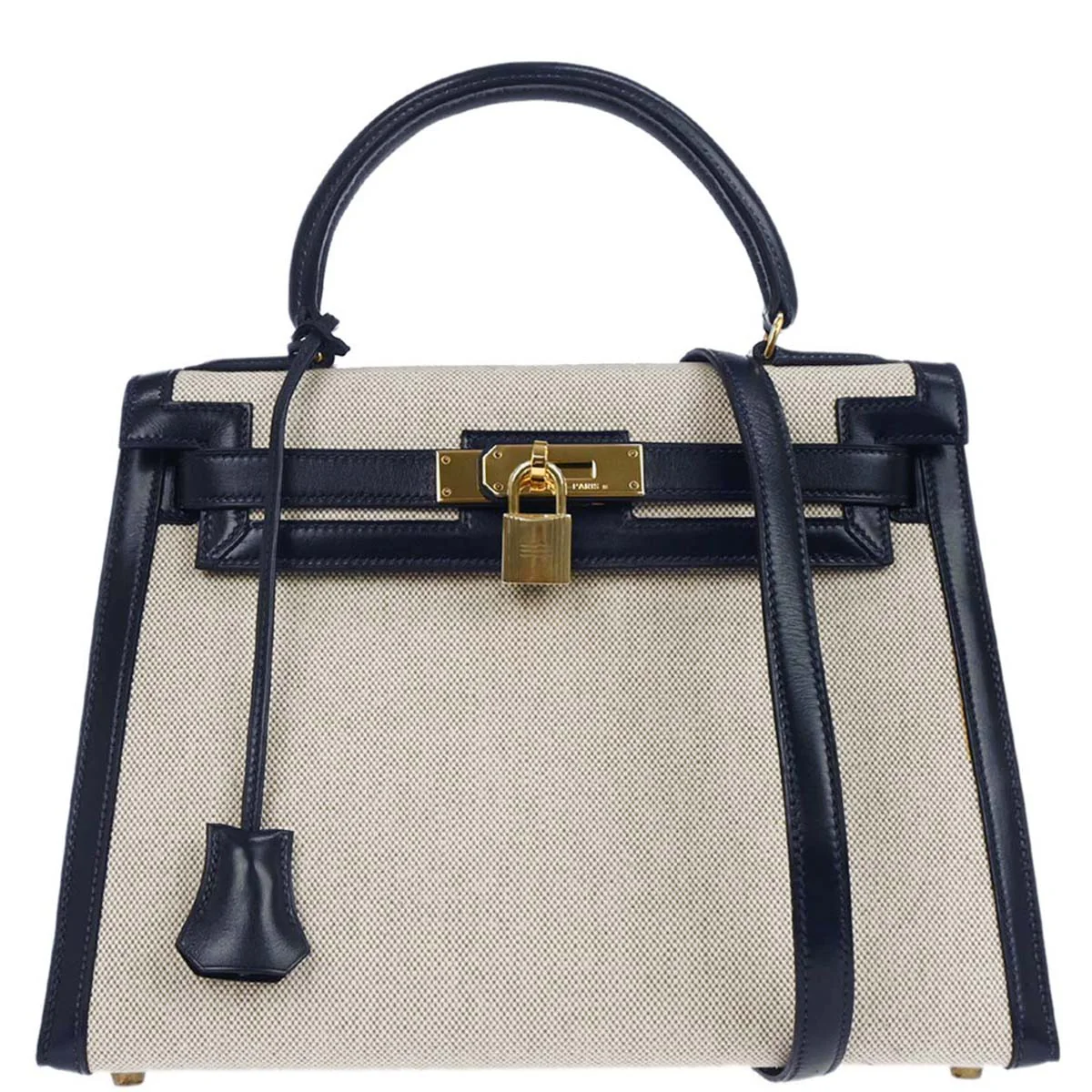 Hermes 1990 Beige Navy Toile H Box Calf Kelly 28 Sellier 2way Shoulder Handbag