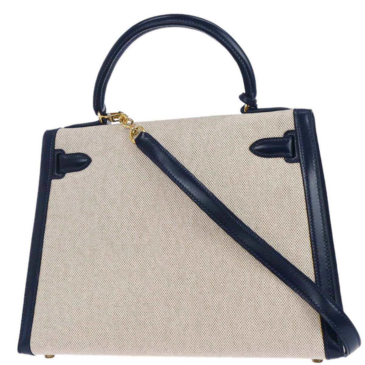 Hermes 1990 Beige Navy Toile H Box Calf Kelly 28 Sellier 2way Shoulder Handbag - Image 2