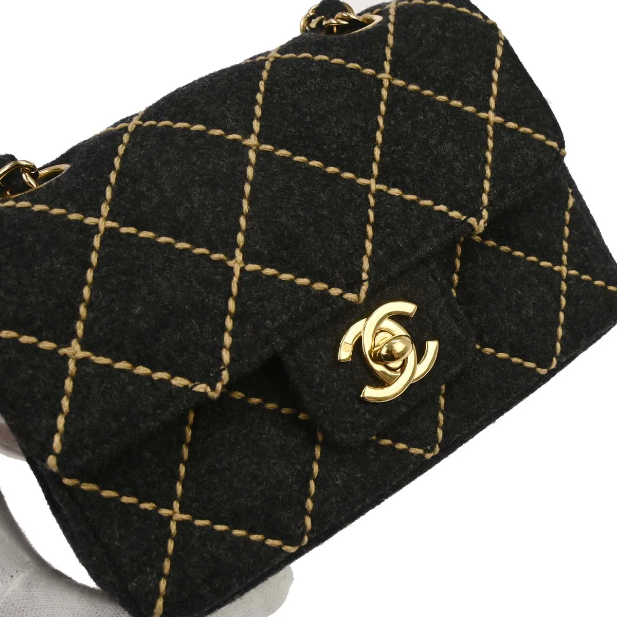 Chanel Gray Wool Wild Stitch Mini Classic Square Flap Shoulder Bag 17 - Image 5