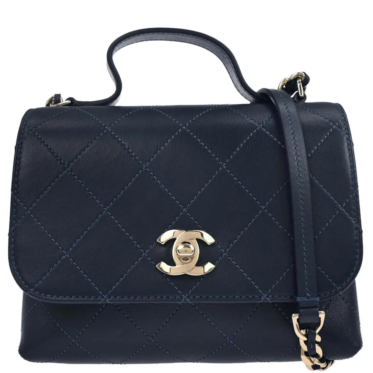 Chanel 2019 Navy Calfskin Top Handle 2way Shoulder Handbag