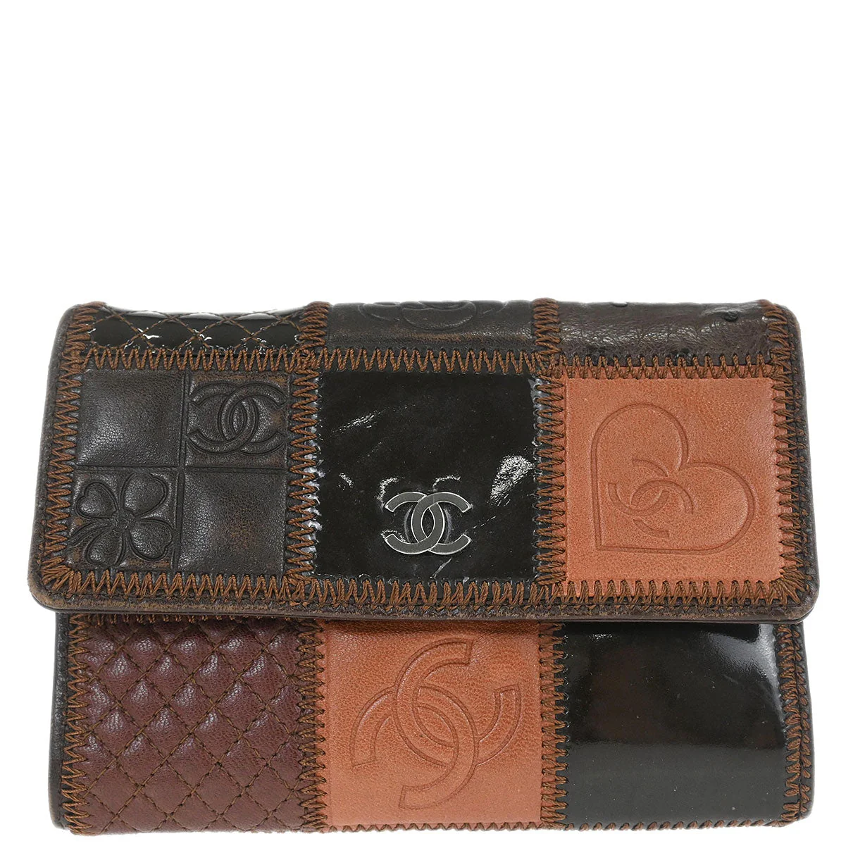 Chanel * Brown Lambskin Calfskin Pony Hair Icon Patchwork Wallet