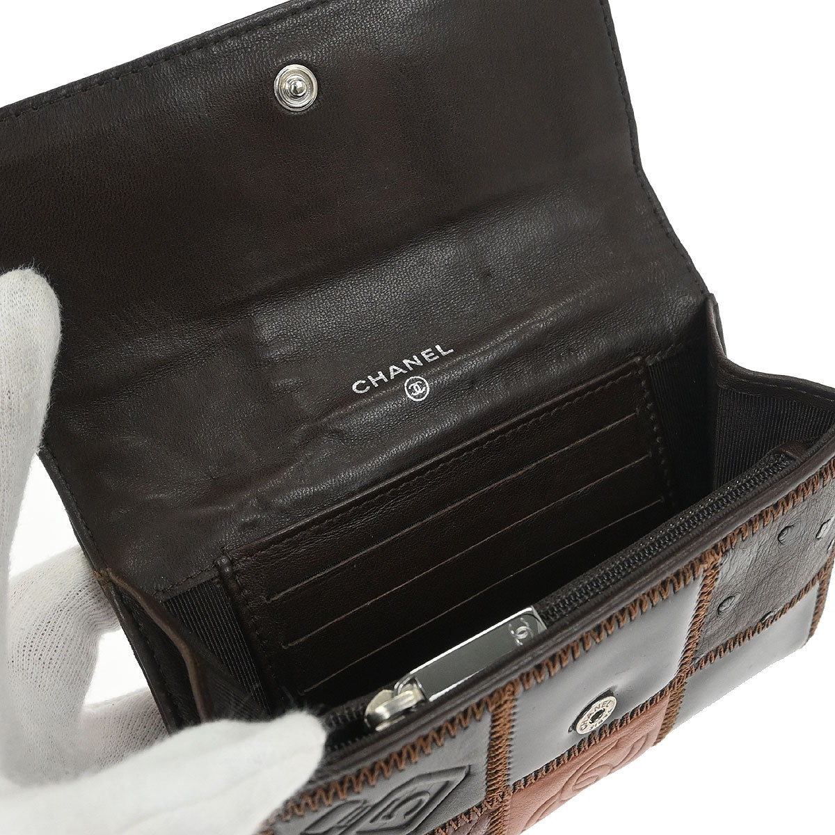 Chanel * Brown Lambskin Calfskin Pony Hair Icon Patchwork Wallet - Image 4