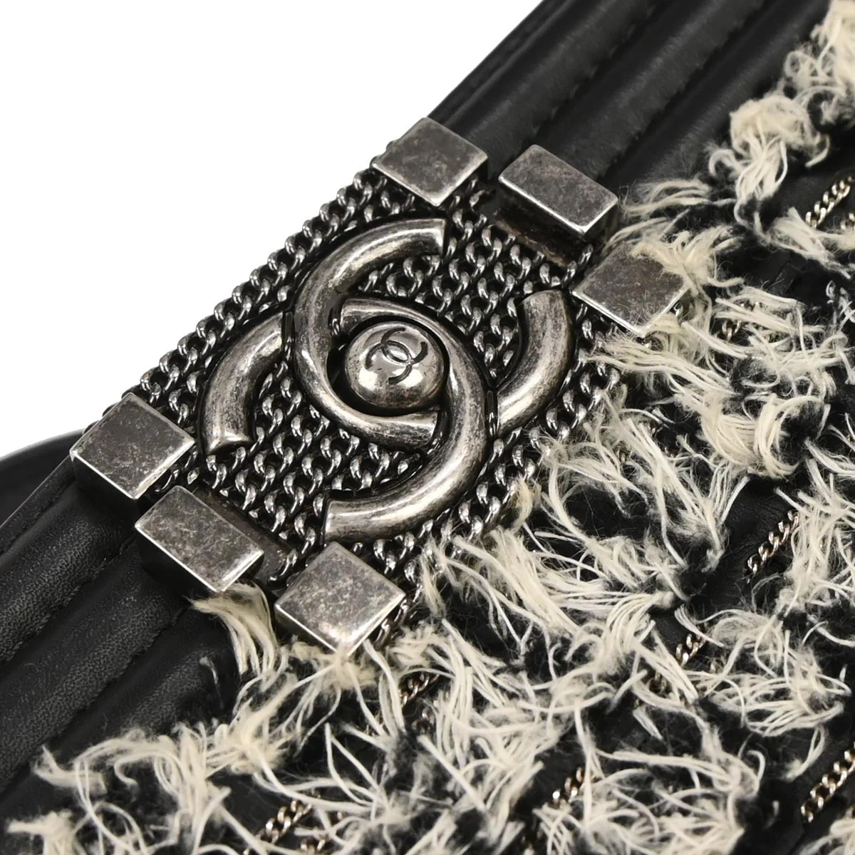 Boy Chanel 2017 Black Tweed Lambskin Medium Double Chain Shoulder Bag - Image 5