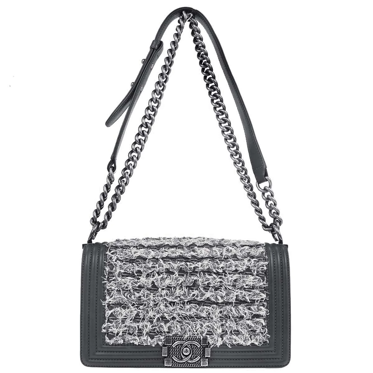 Boy Chanel 2017 Gray Tweed Lambskin Medium Double Chain Shoulder Bag