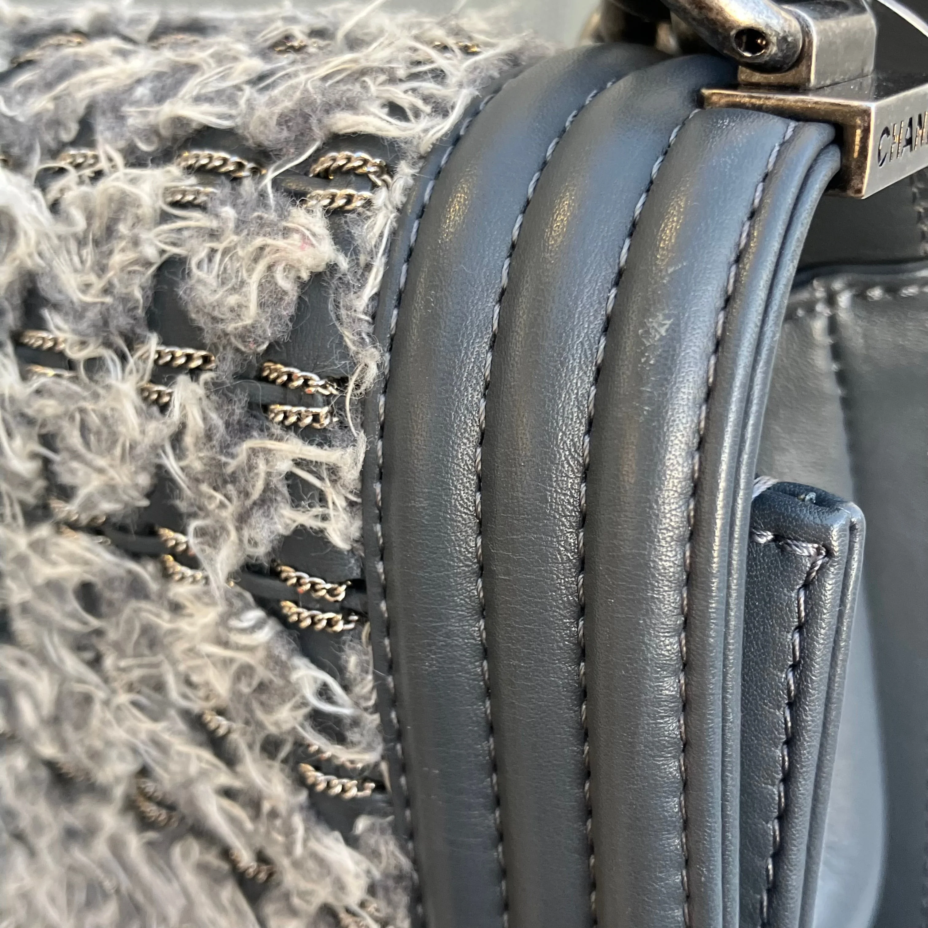 Boy Chanel 2017 Gray Tweed Lambskin Medium Double Chain Shoulder Bag - Image 12
