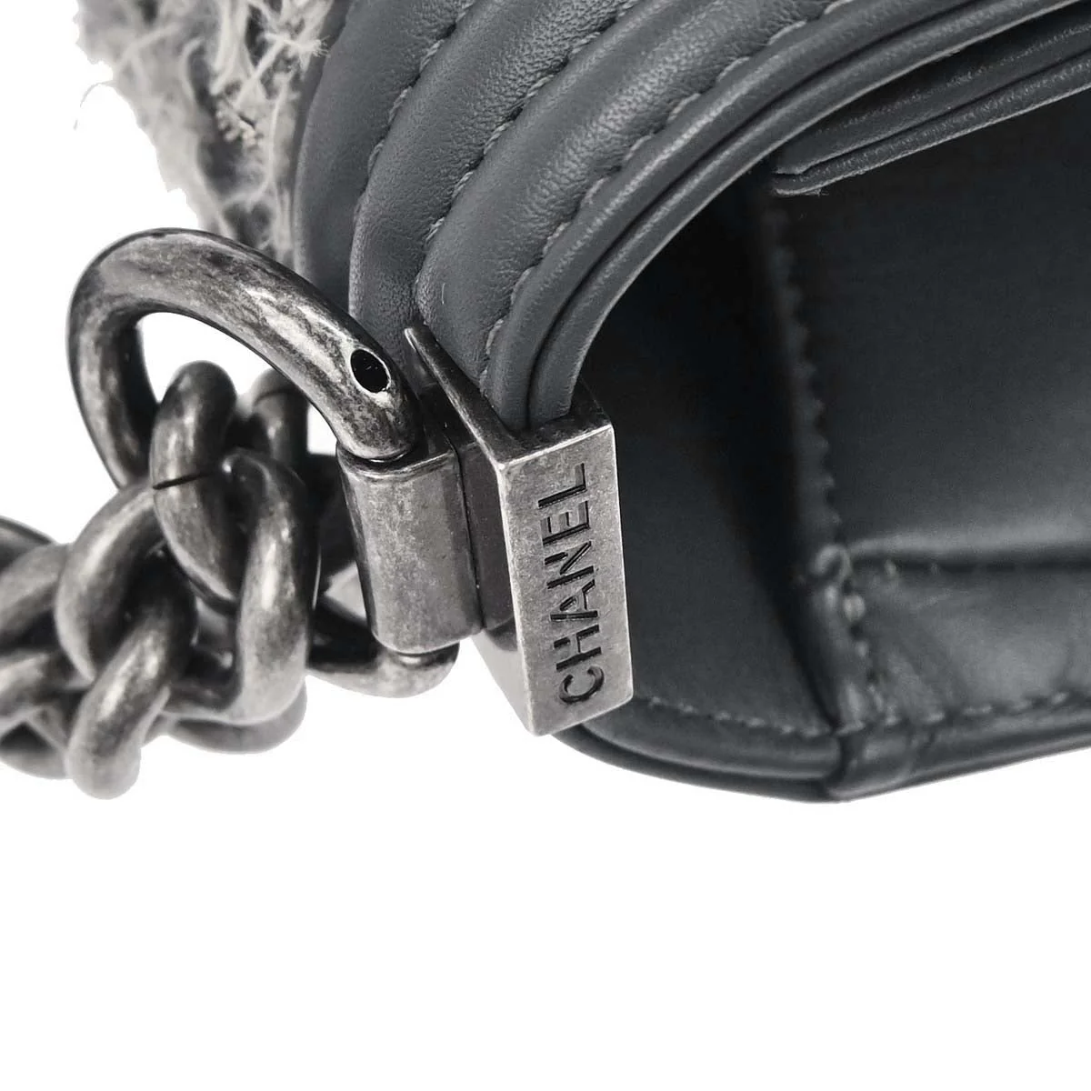 Boy Chanel 2017 Gray Tweed Lambskin Medium Double Chain Shoulder Bag - Image 6