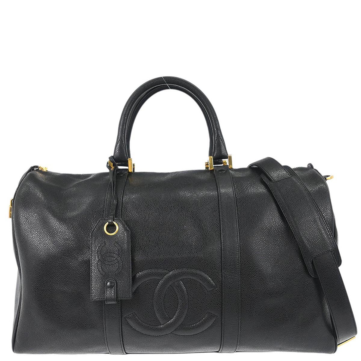 Chanel 1994-1996 Black Caviar Skin 2way Shoulder Duffle Handbag