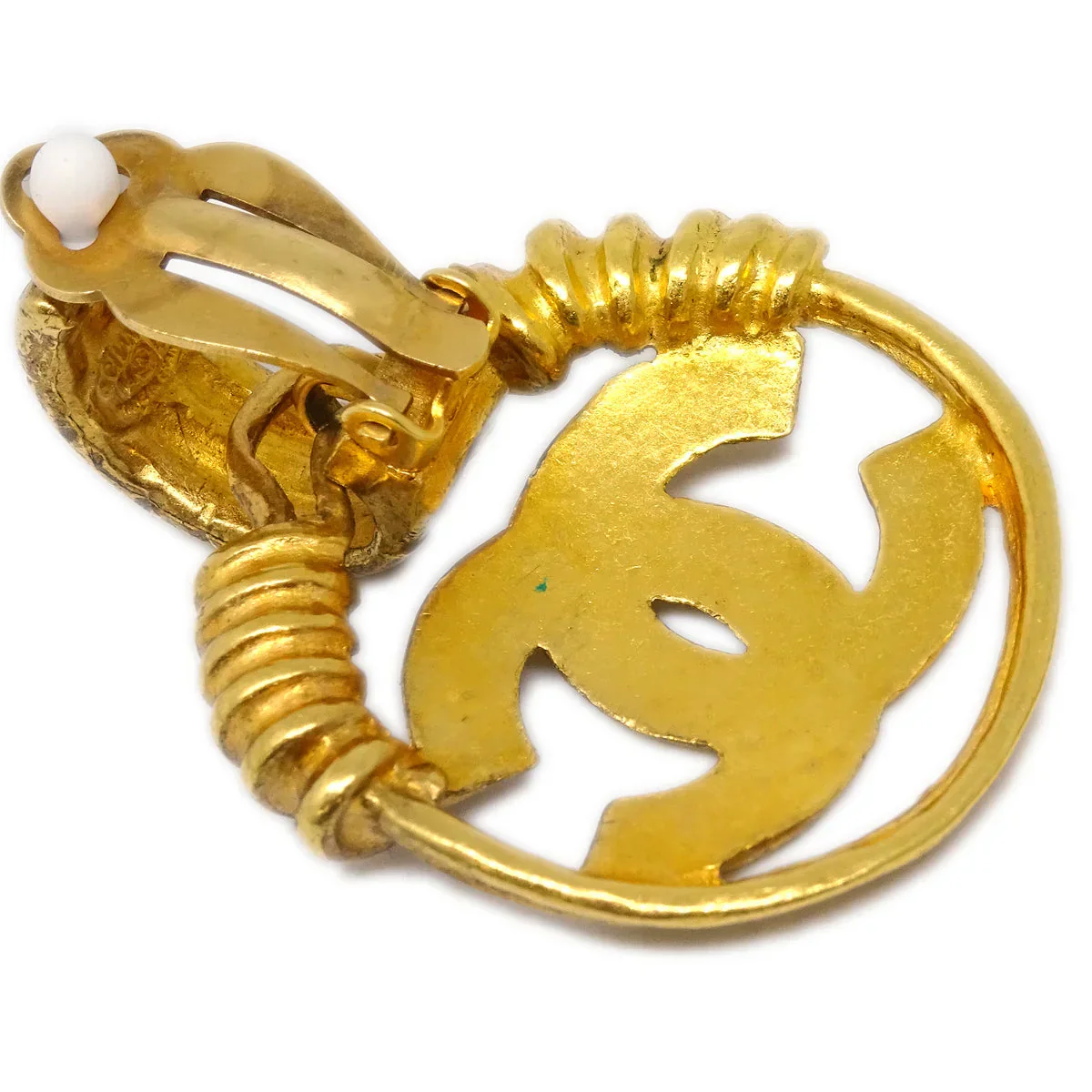 Chanel Hoop Dangle Earrings Gold Clip-On 94P - Image 3