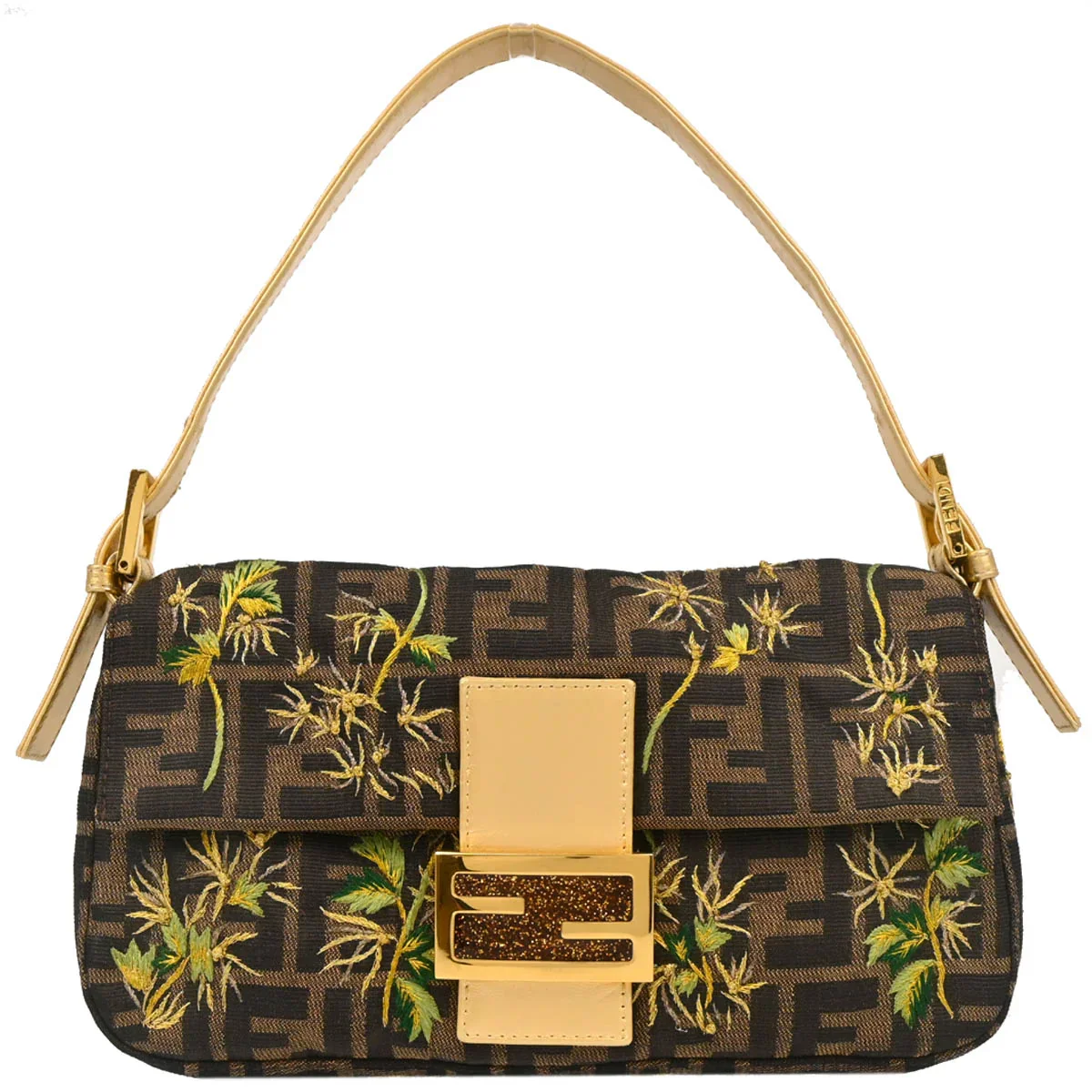 Fendi 2000 Gold Zucca Embroidered Baguette Handbag