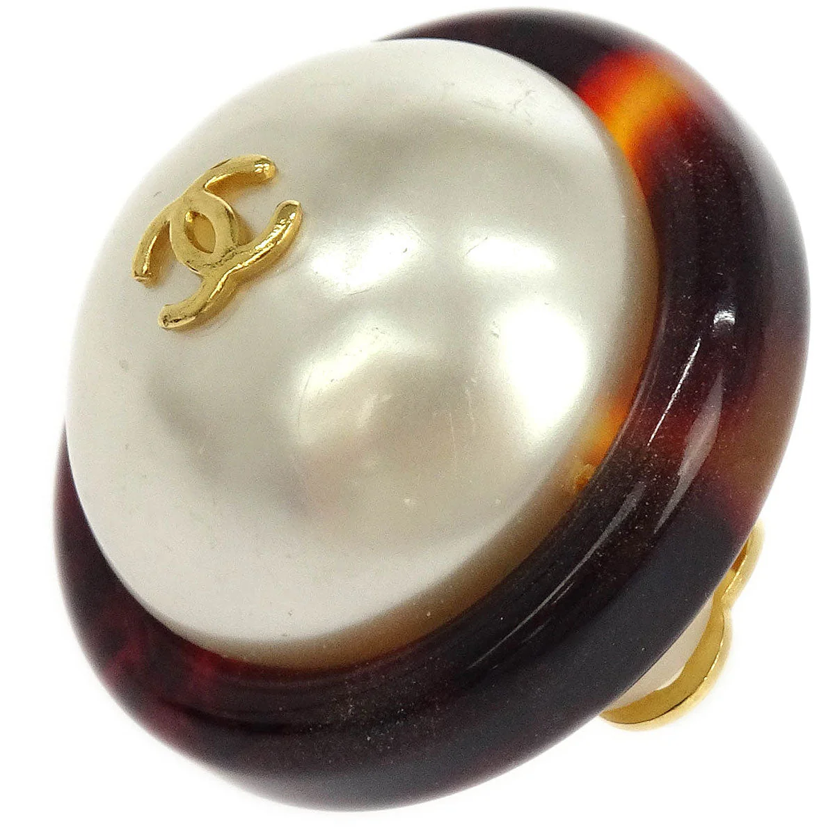 Chanel Button Earrings Clip-On Gold White Brown Costume Pearl 97P - Image 2