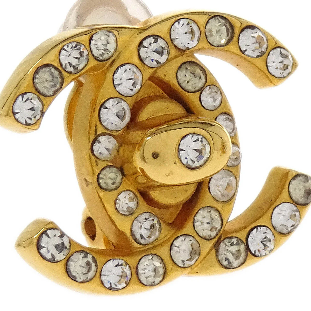 Chanel CC Turnlock Earrings Clip-On Gold Small Rhinestone 96A - Image 2