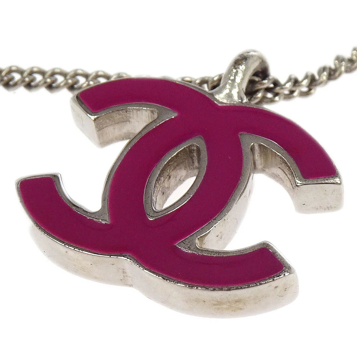 Chanel CC Chain Necklace Silver Pink 02C - Image 3