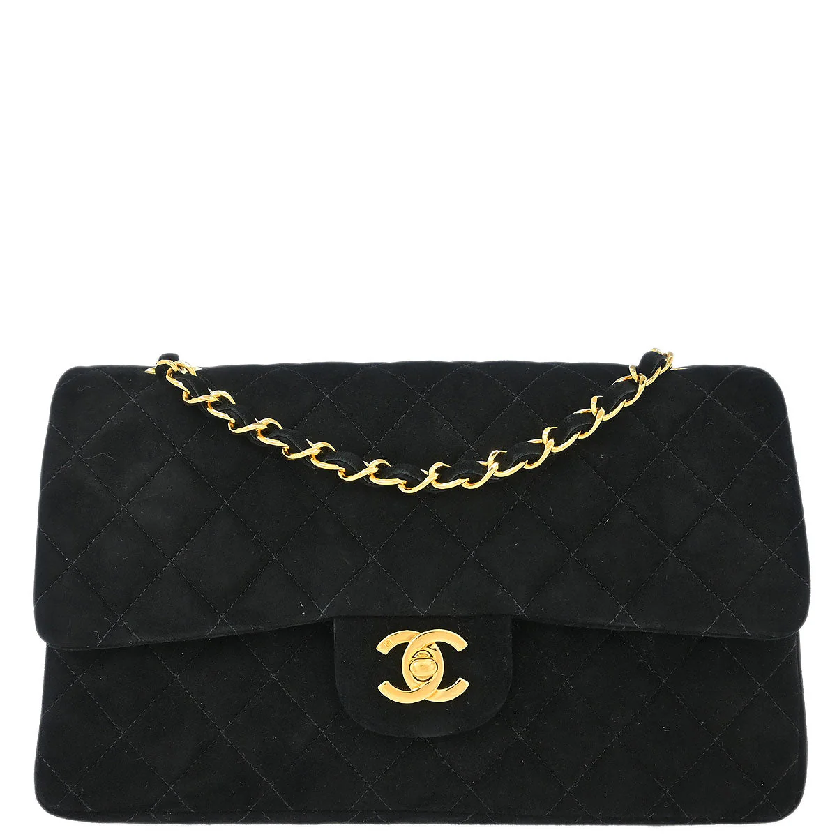 Chanel 1997-1999 Black Suede Medium Classic Double Flap Shoulder Bag