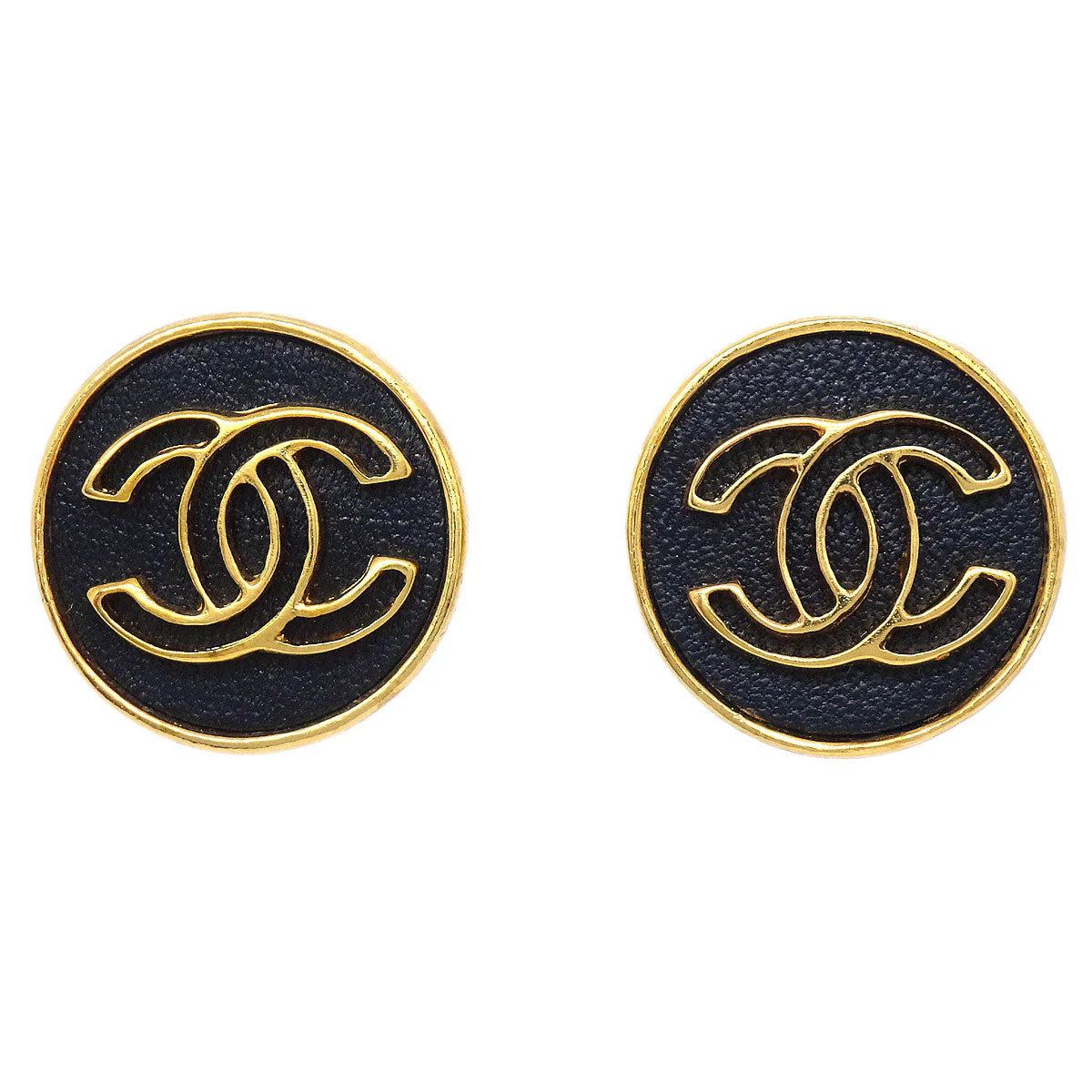 Chanel Button Clip-On Earrings Black Gold 03P