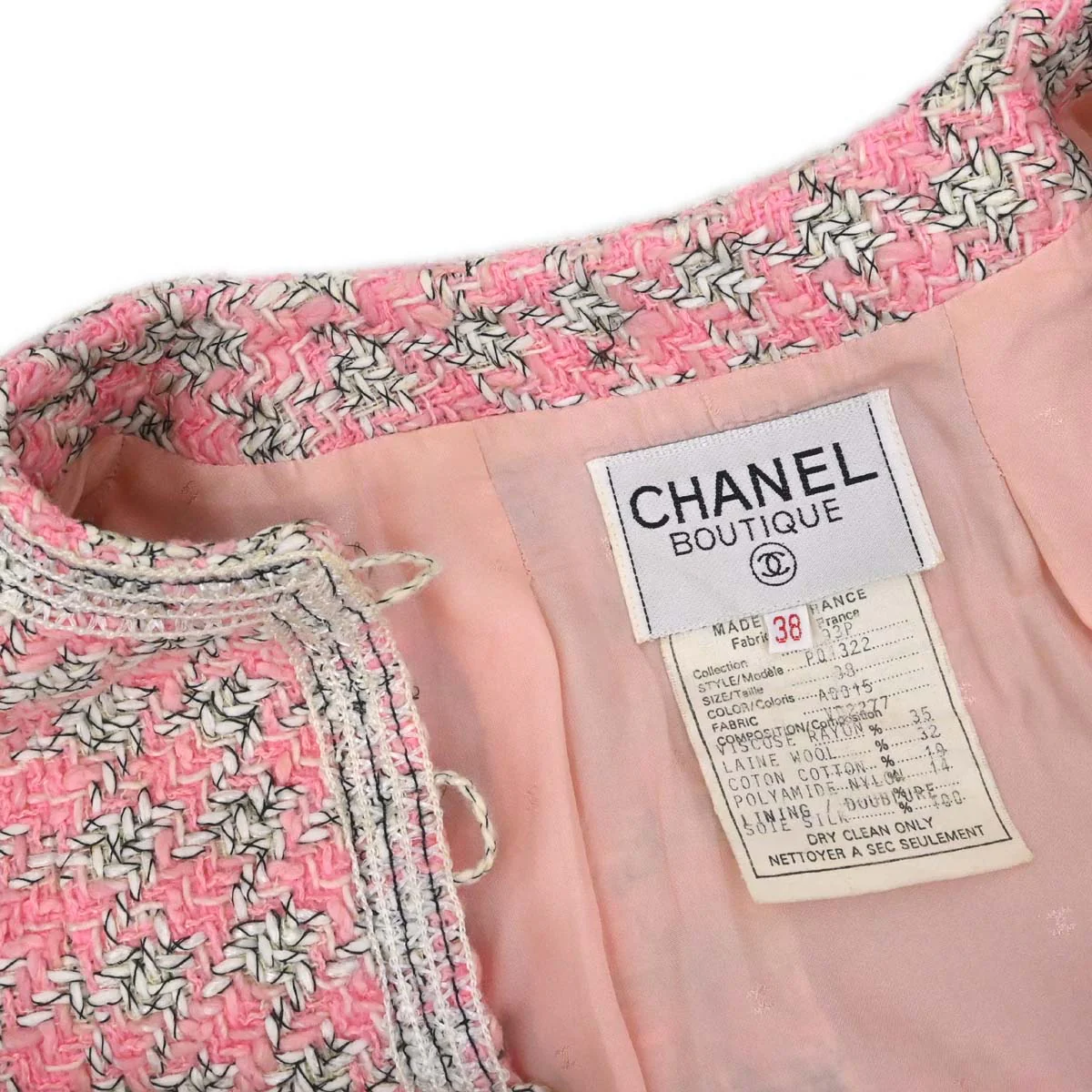 Chanel 1993 Single Breasted Collarless Tweed Jacket Pink #38 - Image 11