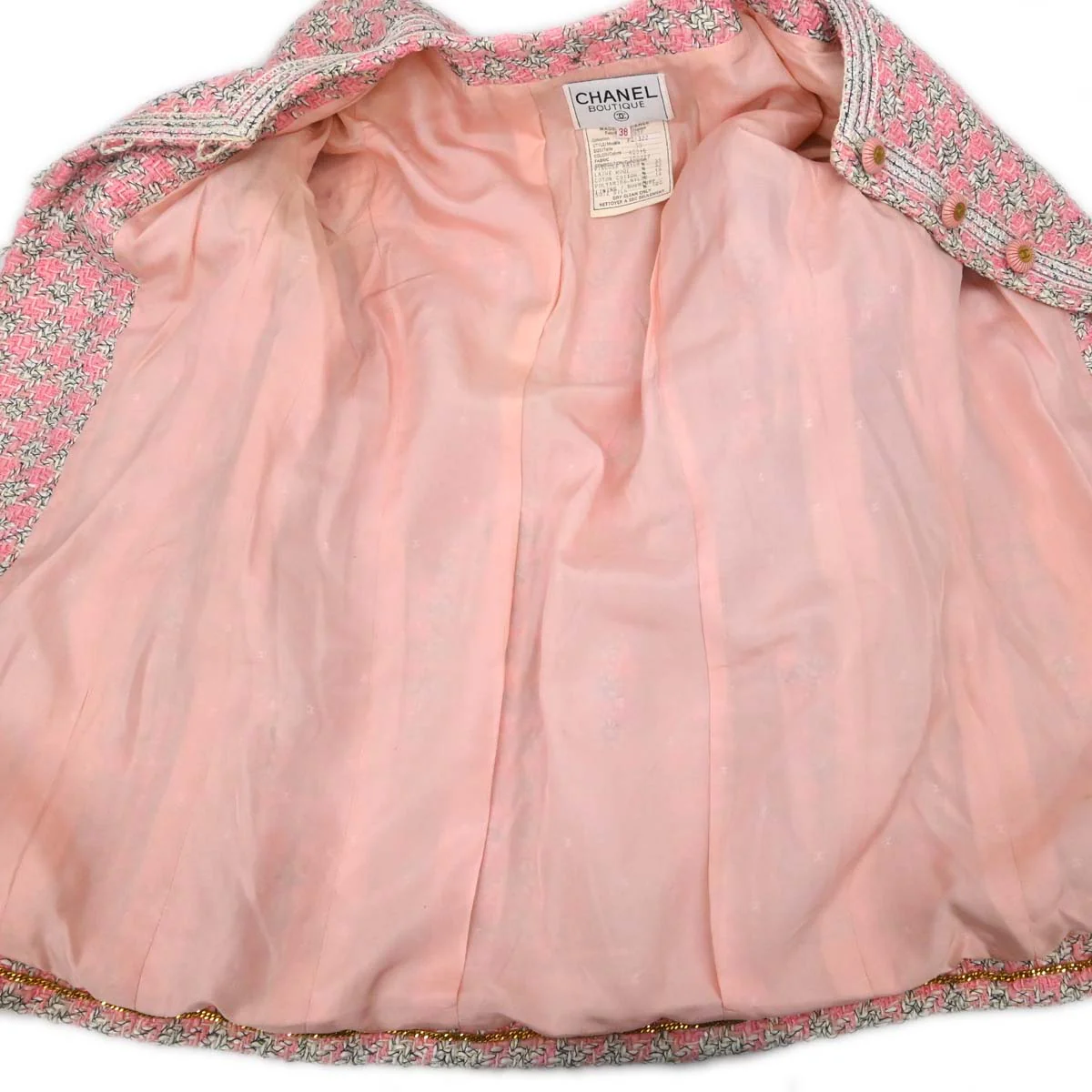 Chanel 1993 Single Breasted Collarless Tweed Jacket Pink #38 - Image 14