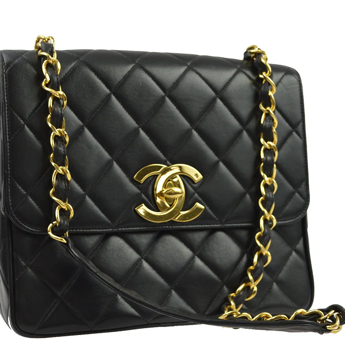 Chanel 1991-1994 Black Lambskin Straight Flap Chain Shoulder Bag - Image 3