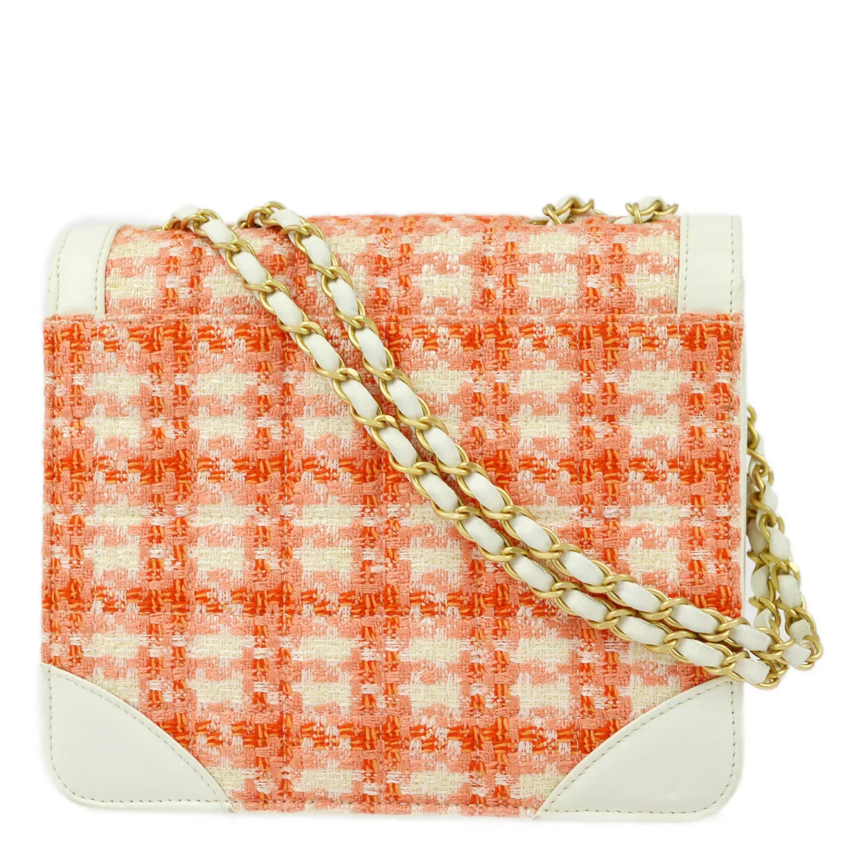Chanel 2000-2001 White Orange Tweed Lambskin Chain Shoulder Bag - Image 2