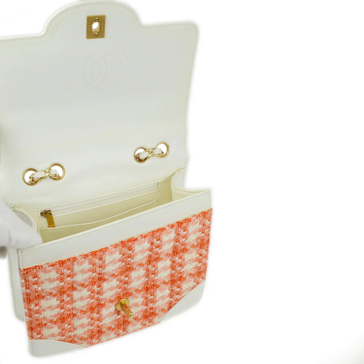Chanel 2000-2001 White Orange Tweed Lambskin Chain Shoulder Bag - Image 7