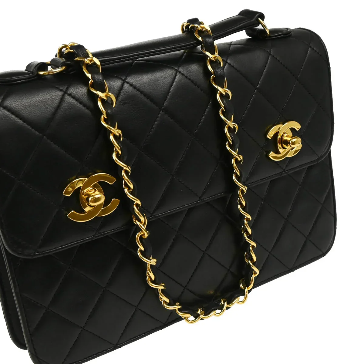 Chanel 1989-1991 Black Lambskin Double Turnlock Shoulder Bag - Image 3
