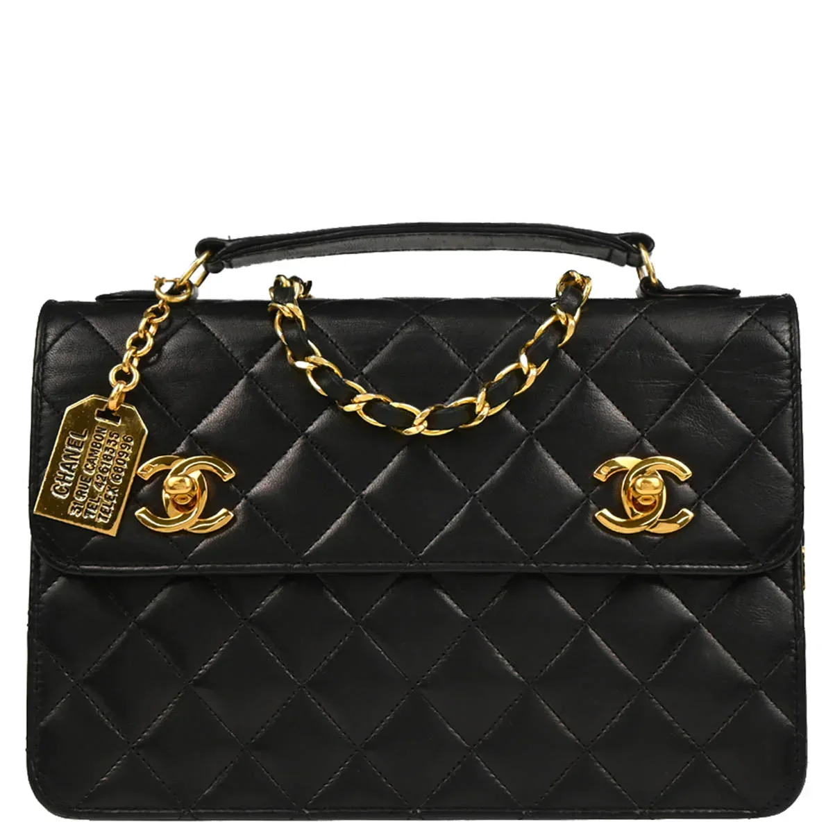Chanel 1989-1991 Black Lambskin Double Turnlock Shoulder Bag