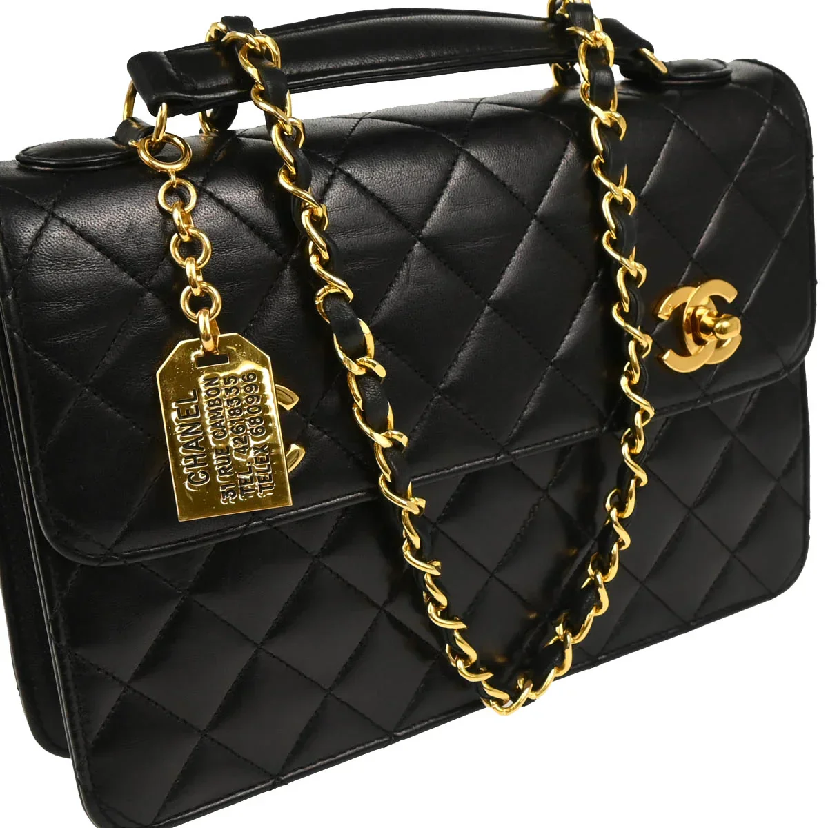 Chanel 1989-1991 Black Lambskin Double Turnlock Shoulder Bag - Image 3