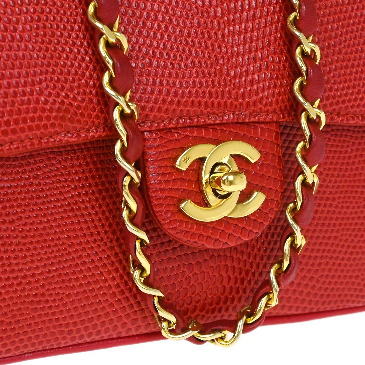 Chanel * Red Lizard Mini Classic Square Flap Shoulder Bag - Image 3