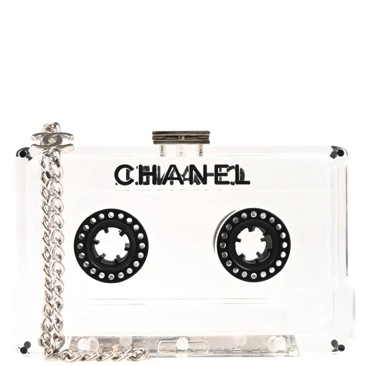 Chanel 2004 Clear Lucite Cassette Tape Minaudière Clutch Silver Hardware