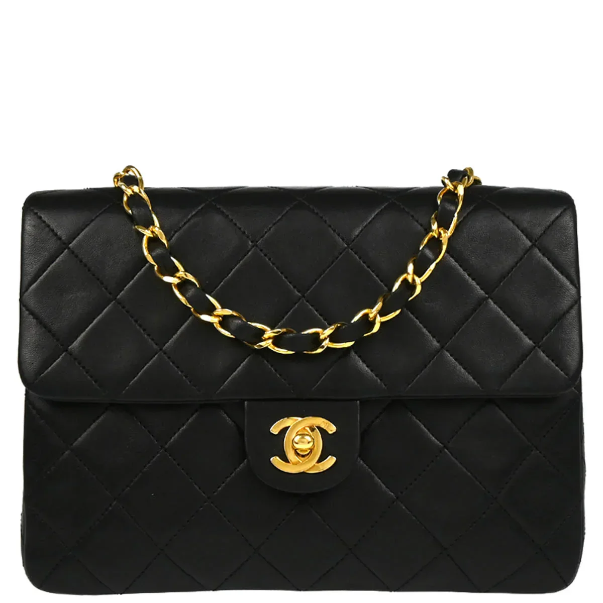 Chanel 1989-1991 Black Lambskin Classic Square Flap Shoulder Bag