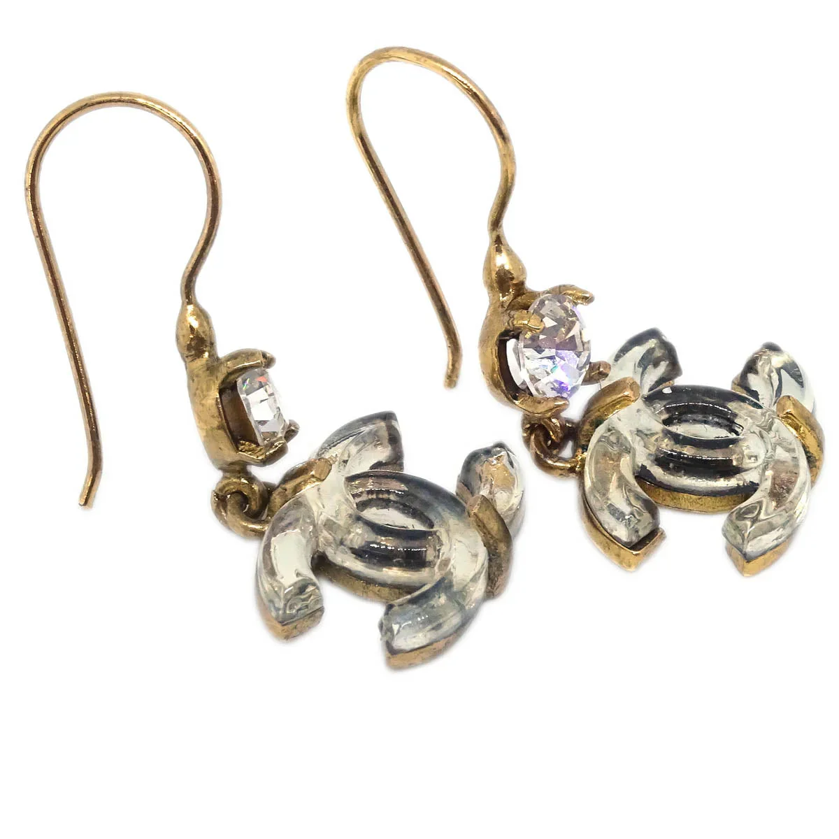 Chanel CC Dangle Piercing Earrings Gold Rhinestone 02A - Image 3