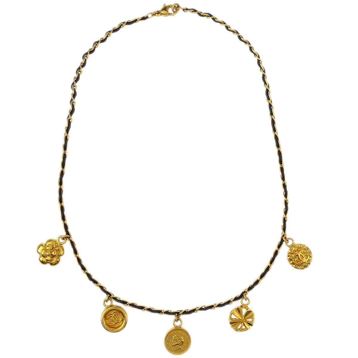 Chanel Icon Gold Black Leather Chain Necklace 96P