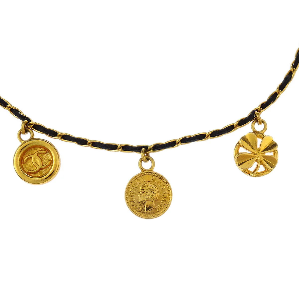 Chanel Icon Gold Black Leather Chain Necklace 96P - Image 2
