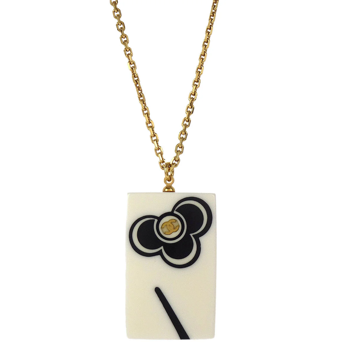 Chanel Rectangle Chain Necklace Pendant Gold White 02P