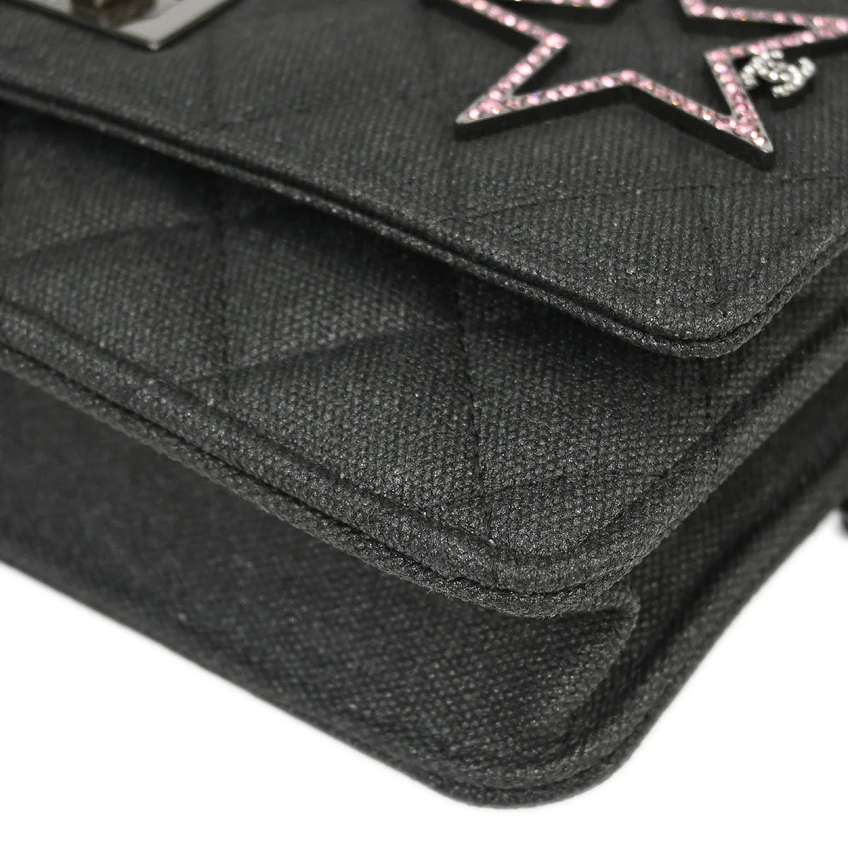 Chanel 2018 Gray Canvas Rhinestone Mademoiselle Lock Wallet on Chain WOC - Image 3