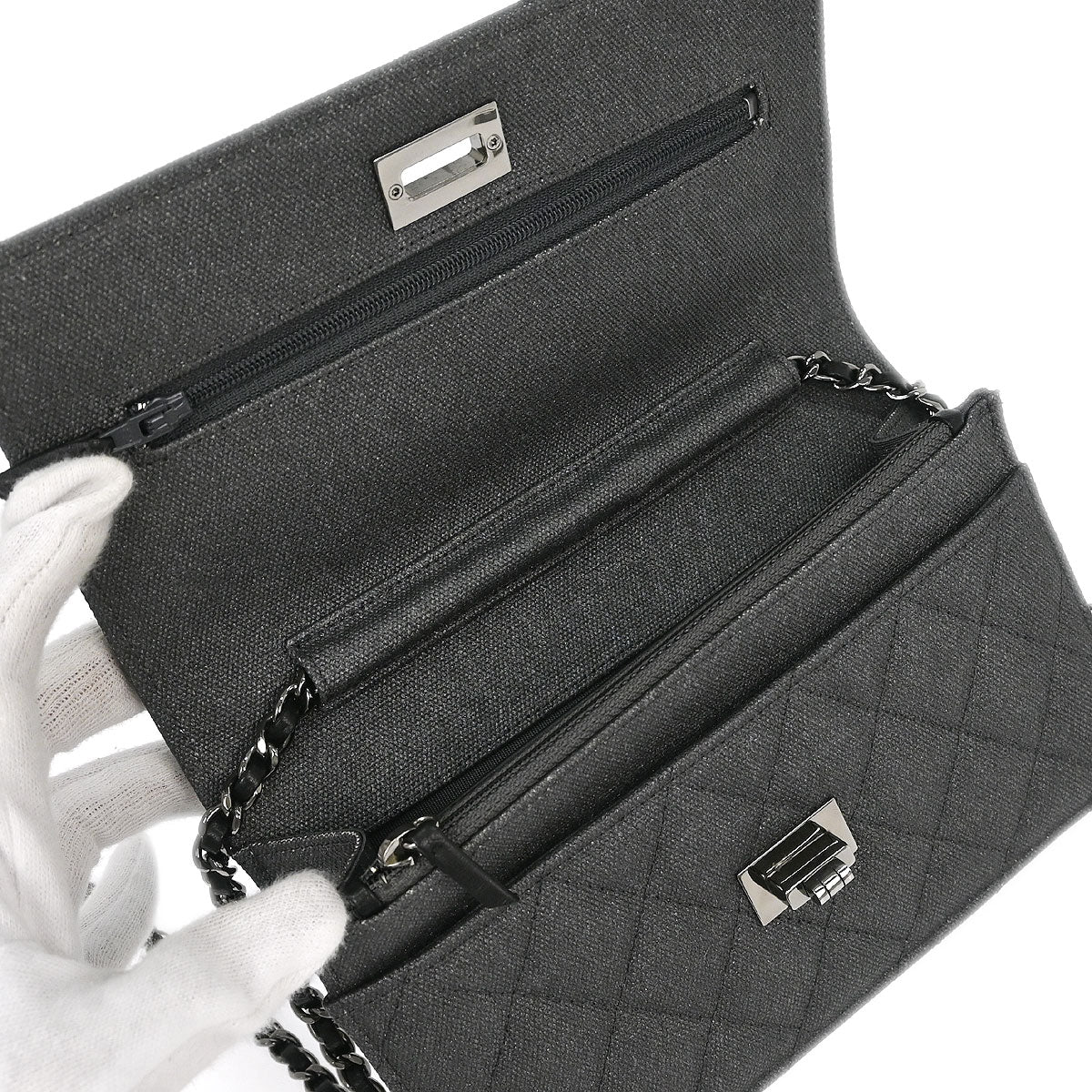 Chanel 2018 Gray Canvas Rhinestone Mademoiselle Lock Wallet on Chain WOC - Image 8
