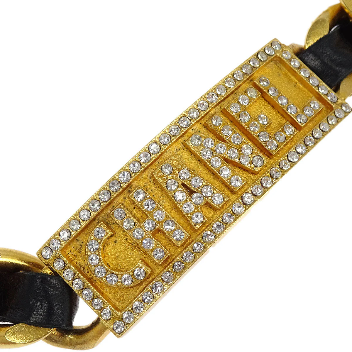 Chanel Gold Black Leather Rhinestone Choker Necklace 95P - Image 2