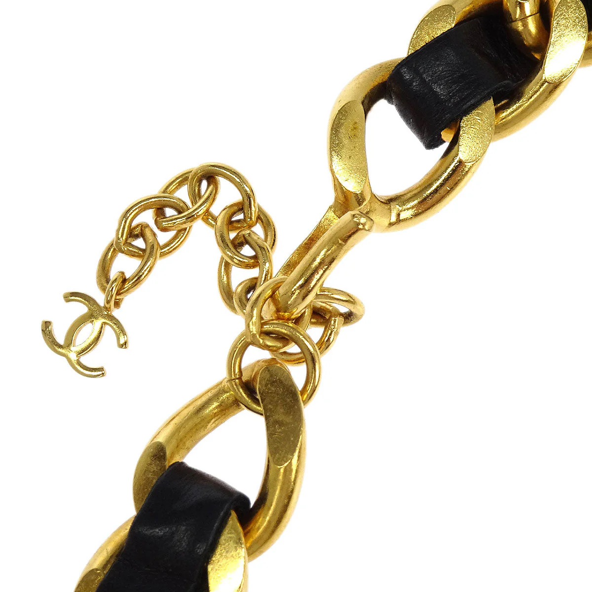 Chanel Gold Black Leather Rhinestone Choker Necklace 95P - Image 3