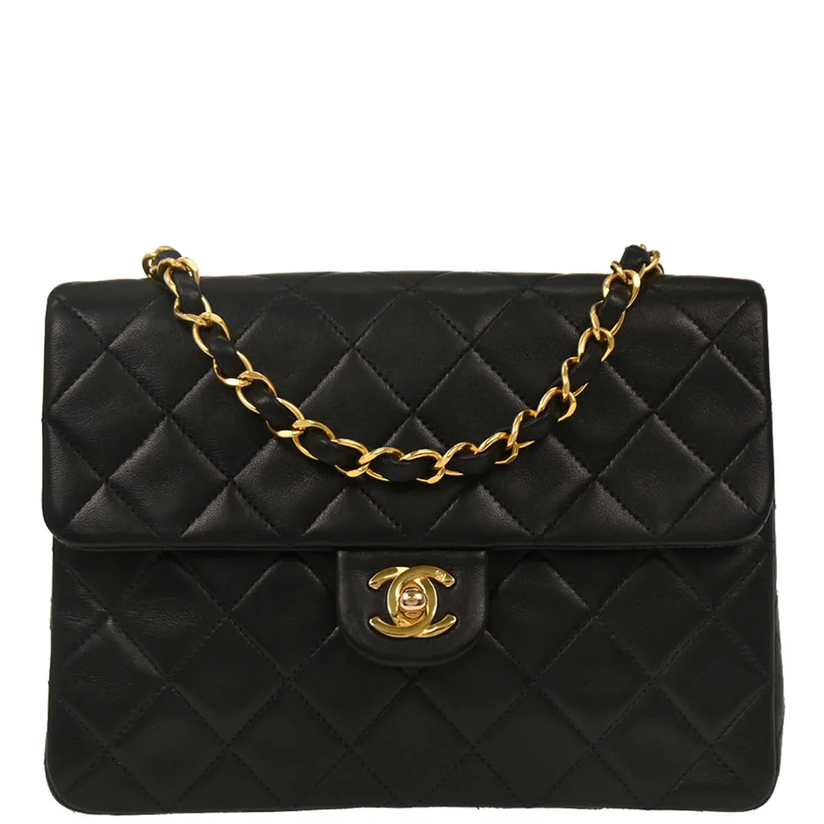 Chanel 1991-1994 Black Lambskin Classic Square Flap Shoulder Bag
