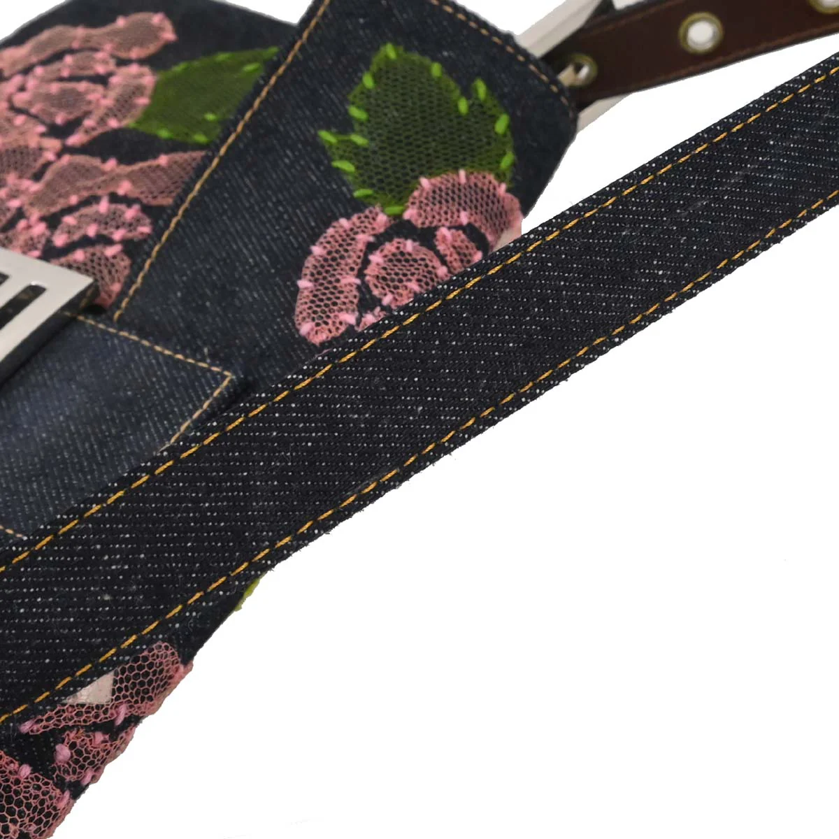 Fendi Navy Denim Floral Baguette Handbag - Image 11