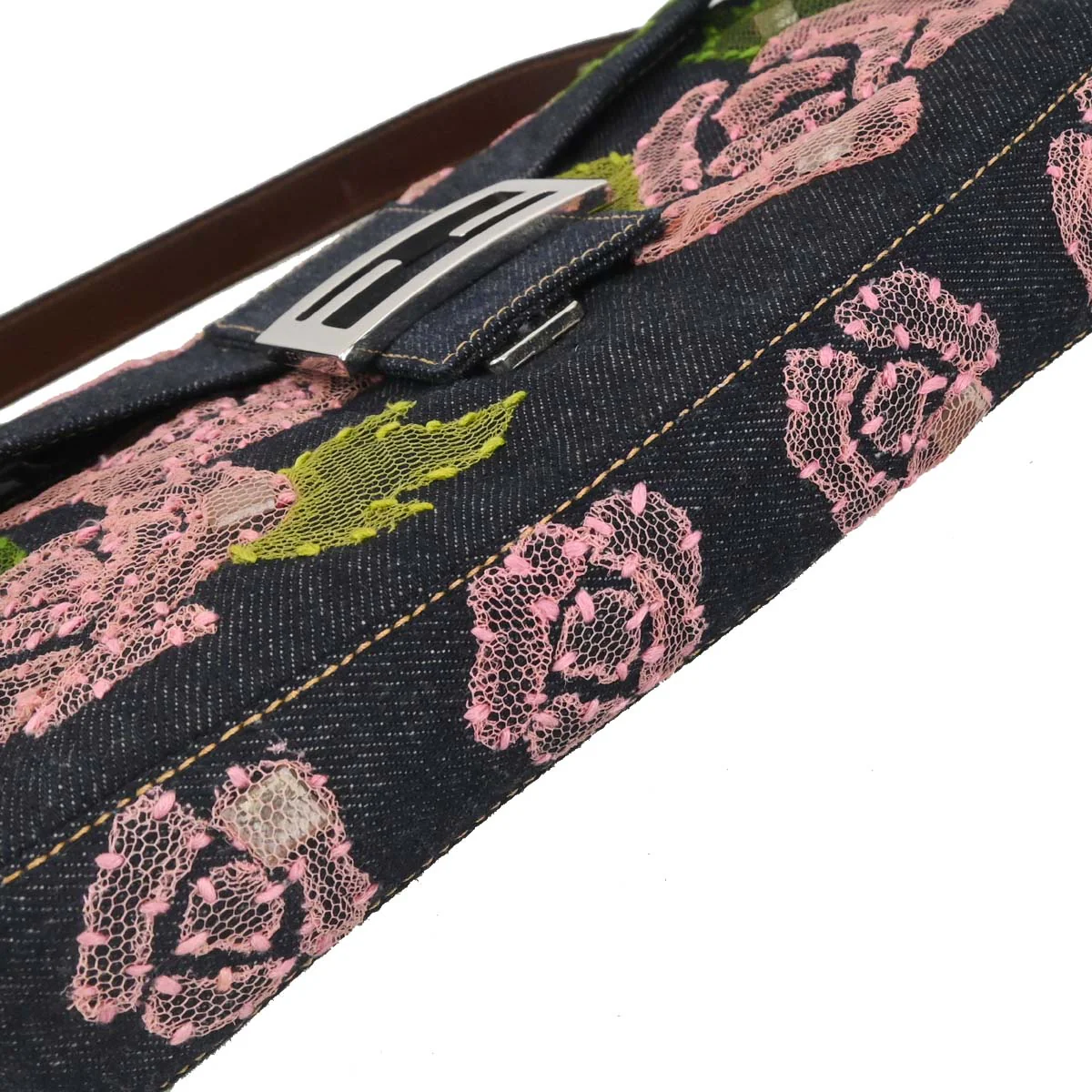 Fendi Navy Denim Floral Baguette Handbag - Image 3