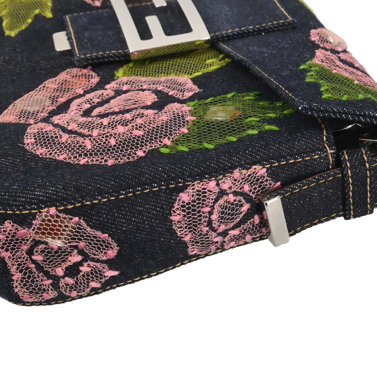 Fendi Navy Denim Floral Baguette Handbag - Image 8