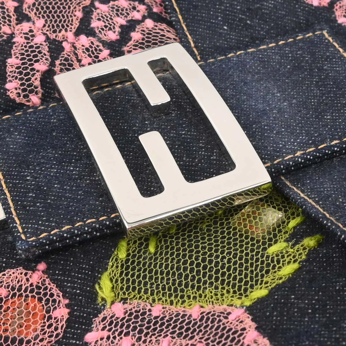 Fendi Navy Denim Floral Baguette Handbag - Image 9